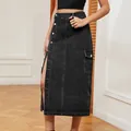 Detail of a black high-waisted denim cargo skirt with buttons and a high side slit - S / Black and Gray