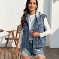 Classic washed denim vest for women with hood detail and button-up front design - S / Tops / Detachable Hood / Blue Hooded