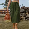 Military green cargo denim maxi skirt with drawstring waist and pockets detail - S / Bottoms / Army Green