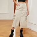 High-waisted khaki denim cargo midi skirt featuring a front slit and utility pockets - S / Bottoms / Light Khaki