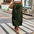 Women's olive green drawstring cargo maxi skirt with utility pockets for streetwear style - S / Bottoms / Army Green