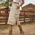Detail view of khaki cargo midi skirt with side pocket and stylish split hem detail. - S / Bottoms / Light Khaki