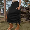 Close-up detail of black cargo midi skirt with drawstring ruched design and side pockets - S / Bottoms / Black