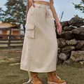 Detail of khaki denim cargo maxi skirt with large side pockets and drawstring hem. - S / Bottoms / Light Khaki