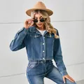 Fashionable American style washed denim short jacket for women in lifestyle setting - S / Tops / Blue