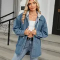 Detail view of washed loose denim jacket with grey hood for women's street style. - S / Tops / Blue Removable Hood