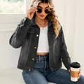 Stylish women's washed black denim jacket styled with casual outfit and sunglasses. - S / Tops / Black and Gray