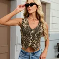 Elegante gilet corto in denim lavato con stampa leopardata per la moda estiva donna. - Stampa leopardata
