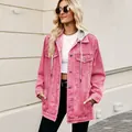 Roze oversized denim damesjack met capuchon, vintage wassing en klassieke knoopsluiting - S / Tops / Roze (Afneembare Capuchon)