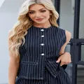 Sleeveless pinstripe denim vest and matching shorts set for summer casual wear outfit - S / Tops / Striped