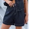 Casual navy blue pinstriped washed denim two-piece set with sleeveless vest and shorts - S / Bottoms / Striped