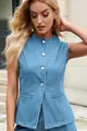 Sleeveless light blue washed denim vest featuring a stand collar and button front - S / Tops / Light Blue