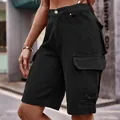 Womens high-waisted black denim cargo shorts with elastic waist and large side pockets - S / Bottoms / New Black