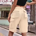 Womens casual khaki denim cargo shorts with elastic waist and large flap pockets - S / Bottoms / Light Khaki