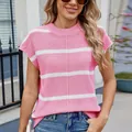 Lässiger Sommerpullover für Damen mit rosa-weißen Streifen, Rundhalsausschnitt - S / Oberteile / Pink-Weiß Gestreift