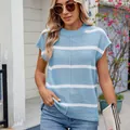Modische und lässige kurzärmelige Strickweste mit hellblauen und weißen Streifen für Damen - S / Oberteile / Blau-weiße Streifen (6001-1)