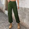 Close-up view of women's olive green cargo pants with utility pockets and elastic cuffs - S / Bottoms / Army Green