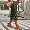Stylish olive green cargo midi skirt with adjustable drawstring hem for women - S / Bottoms / Army Green