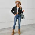 Stylish black washed denim cropped jacket for women paired with skinny jeans and boots - S / Tops / Black and Gray