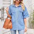 Camicia classica in denim blu da donna a maniche corte con bottoni stile casual - Taglia S / Top / Azzurro