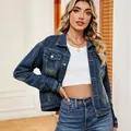 Women's classic washed blue denim jacket featuring long sleeves and button-down style - S / Tops / Dark Blue