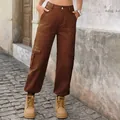 Stylish brown high waist cargo denim jogger pants featuring multi-pockets for women - S / Bottoms / Brown