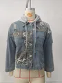 Women's blue hooded denim jacket featuring leopard print patchwork and distressed details. - S / Tops / Leopard Print Hooded