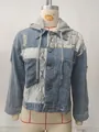 Women's trendy distressed denim jacket with snake print patchwork and grey hooded detail - S / Tops / Python Print Hooded