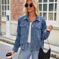 Long sleeve washed denim jacket for women with metal buttons and chest pockets - S / Tops / Blue
