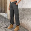 Dark grey high-waisted cargo denim pants with multiple pockets and elasticated cuffs for women - S / Bottoms / Gray