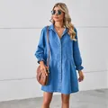 Chic loose-fit washed denim shirt dress with ruffled long sleeves and button front - S / Dresses / Light Blue