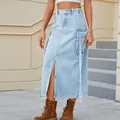 Detailed view of a light wash cargo denim midi skirt featuring ribbons and elastic waist - S / Bottom (MF2210) / Light Blue