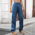 Detailed shot of women's high-waisted washed denim cargo pants with side pockets - Dark Blue