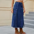 Detail view of a long denim cargo skirt with decorative straps and side pockets. - S / Bottom (MF2210) / Dark Blue