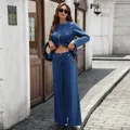 Stylish washed blue denim two-piece set with cropped jacket and wide-leg trousers - S / Top And Bottom / Dark Blue