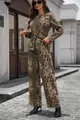 Detailed full-body street shot of women's leopard print washed denim suit with wide legs - S / Set / Leopard Print
