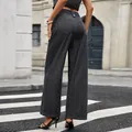 Back view of chic pinstripe denim wide-leg pants and matching vest on street. - S / Bottoms / Black and Gray Stripes