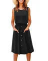 Sleeveless black summer dress with drawstring waist and pockets for women. - S / Dresses / Black