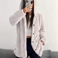 Comfortable lavender hooded plush cardigan featuring a button-down front and oversized fit - S / Tops / Apricot