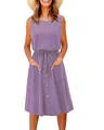 Lavender sleeveless summer tank dress with drawstring waist and functional front pockets - S / Dresses / Purple