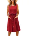 Sleeveless red tank dress featuring a drawstring waist with front button details - S / Dresses / Red