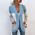 Women's color-block knitted cardigan with curved hem and large pockets in blue and grey - S / Tops / Blue
