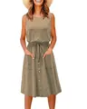 Casual sleeveless midi dress with drawstring waist and functional pockets in khaki - Khaki