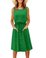 Detailed view of a green sleeveless midi dress featuring pockets and front buttons - S / Dresses / Green