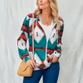 Détail du sweat à capuche zippé pour femme avec motif aztèque géométrique et poches - Bleu sarcelle