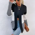 Casual color-block knit cardigan for women featuring large curved pockets and long sleeves - S / Tops / Black