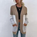 Women's casual color-block knitted cardigan with pockets in brown, white and grey - S / Tops / Khaki