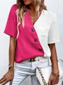 Close-up detail of stylish fuchsia and white two-tone V-neck shirt with brown buttons - S / Tops / Rose Red