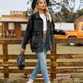 Casual vintage oversized black denim jacket for women in a ranch outdoor setting - S / Tops / Black and Gray