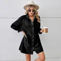 Stylish loose-fit washed black long-sleeve denim dress perfect for urban casual wear - S / Dresses / Black and Gray